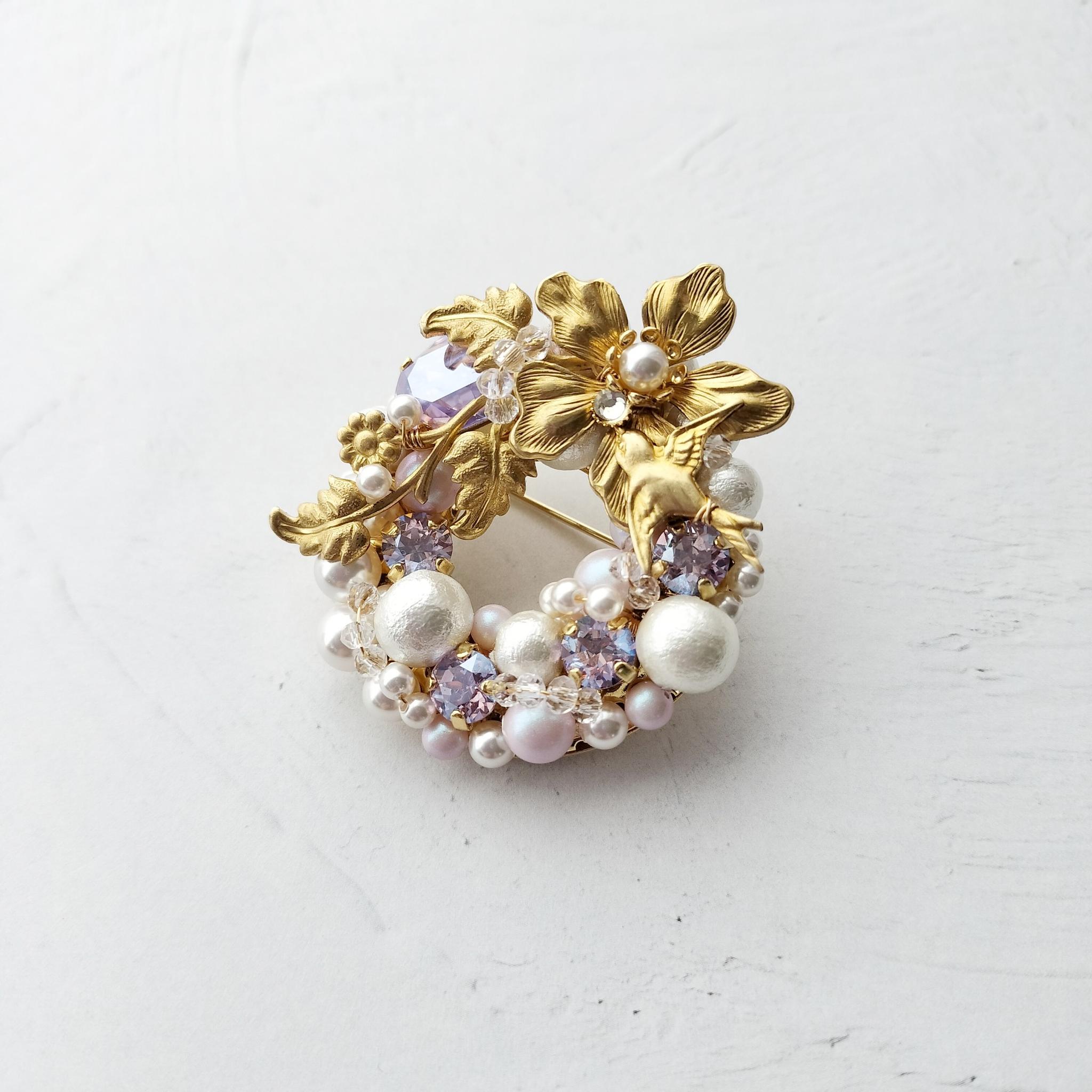 ブローチ　ツバメ　真鍮　フラワー　コットンパール　ラベンダー | 5枚目