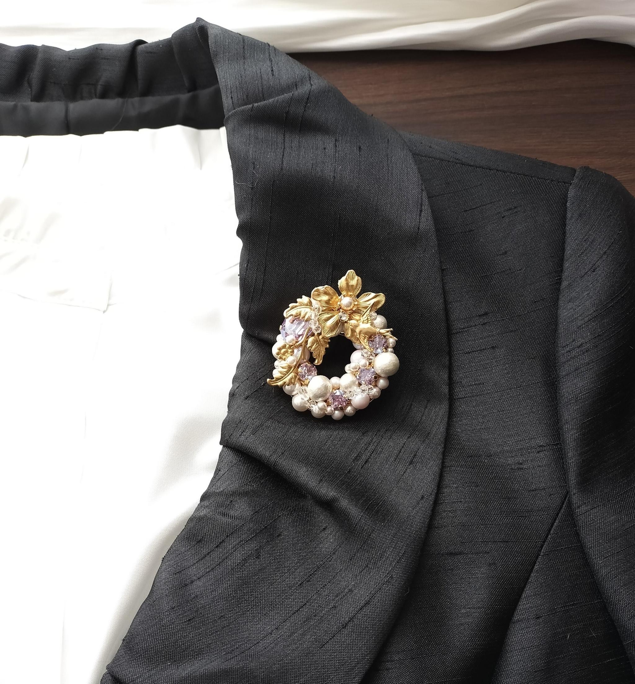 ブローチ　ツバメ　真鍮　フラワー　コットンパール　ラベンダー | 7枚目