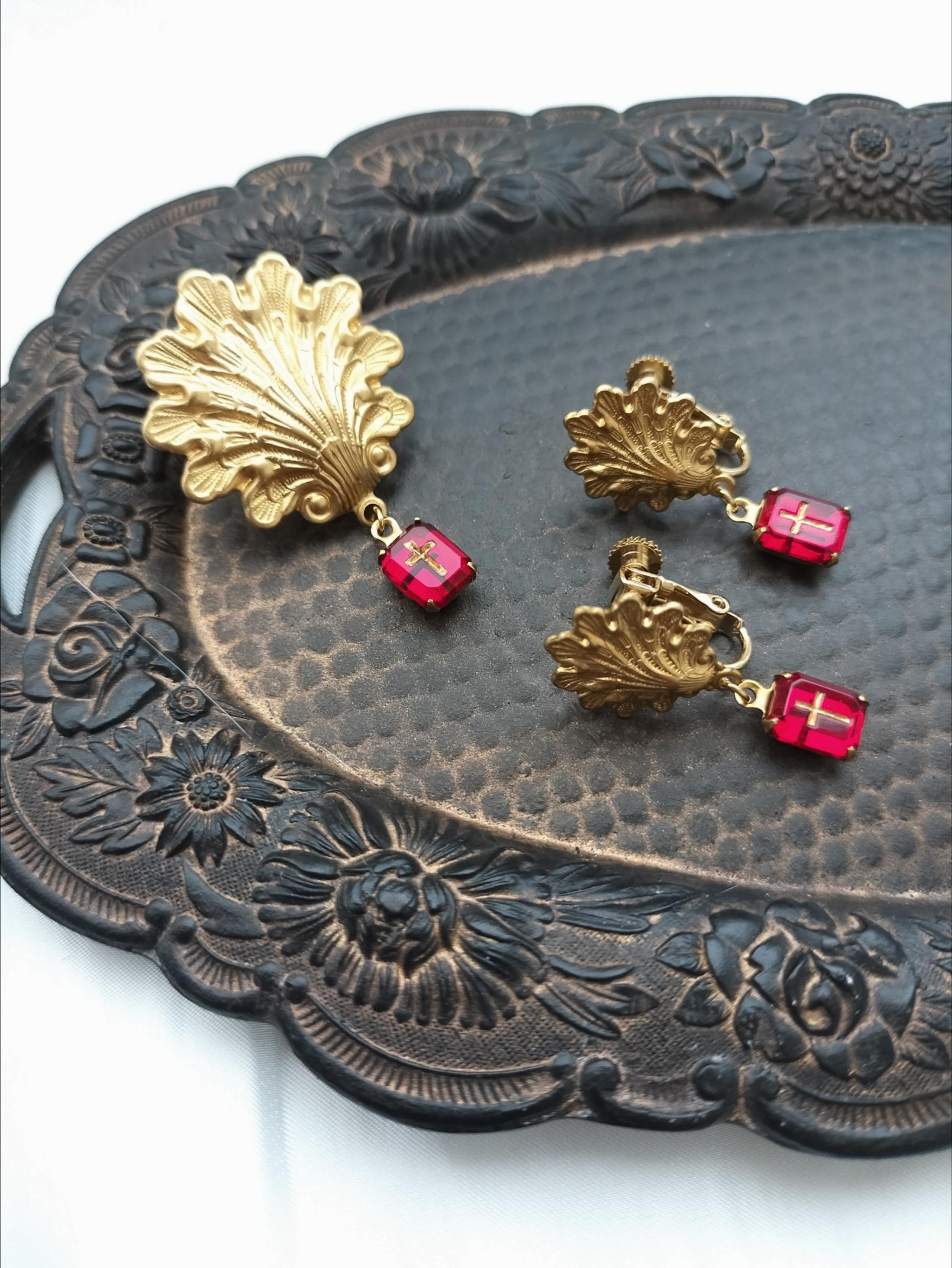 真鍮製　イヤリング　シェル　クロス クリムゾンレッド | 6枚目