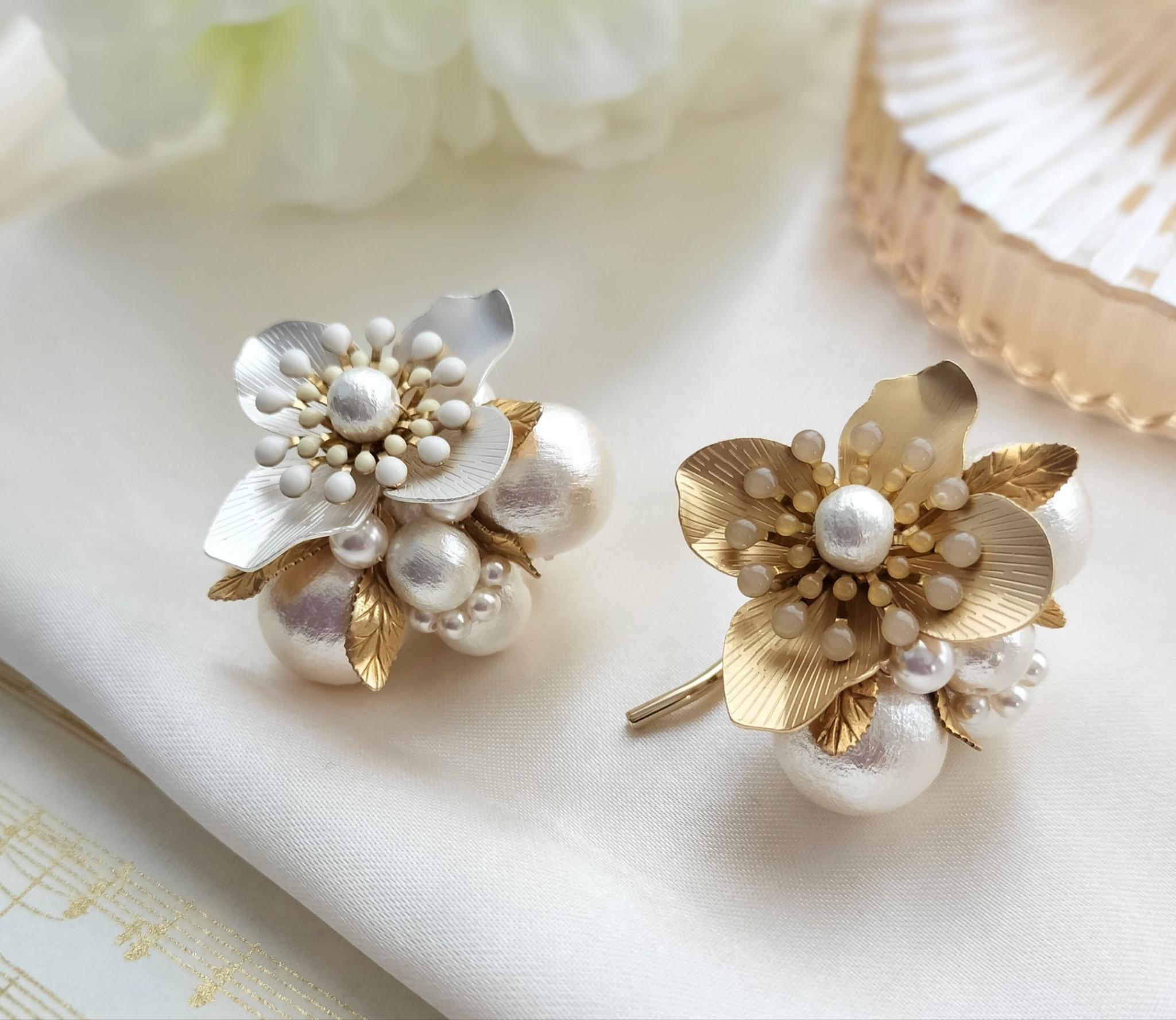 上品 ポニーフック フラワー コットンパール  真鍮　ゴールド　シルバー