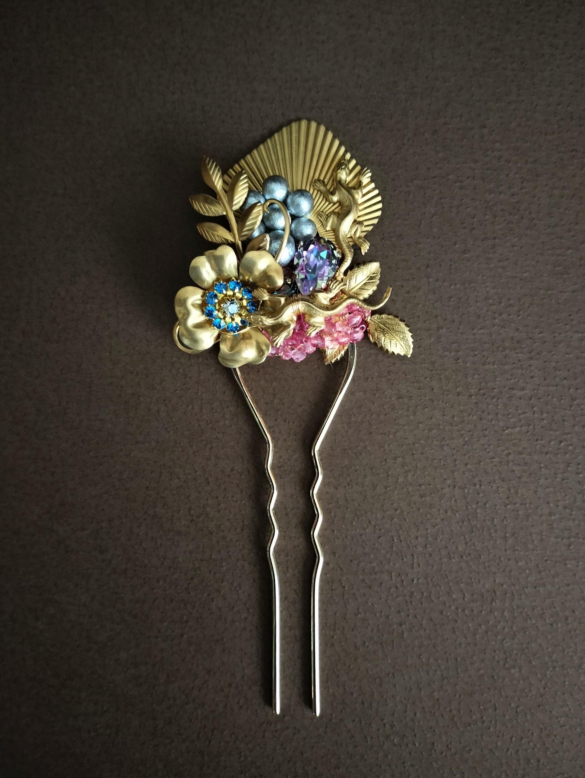 真鍮製  かんざし 簪 フラワー トカゲ 髪飾り ヘアアクセサリー 髪留め